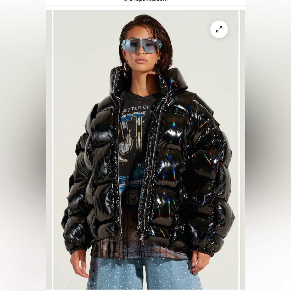 AKIRA Bob and Weave Oil Slick Shiny Black Puffer Jacket